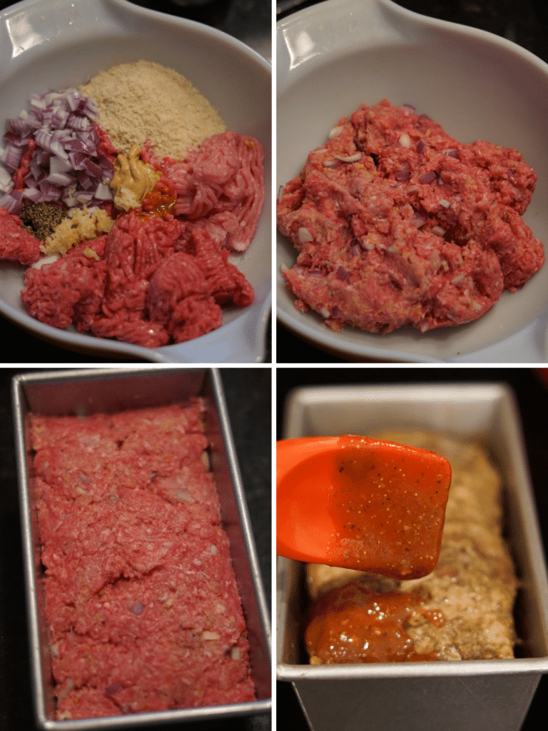 A collage of the steps to making the meatloaf and putting the sauce on it.