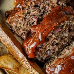 A close up image of meatloaf with glaze on a ceramic plate.