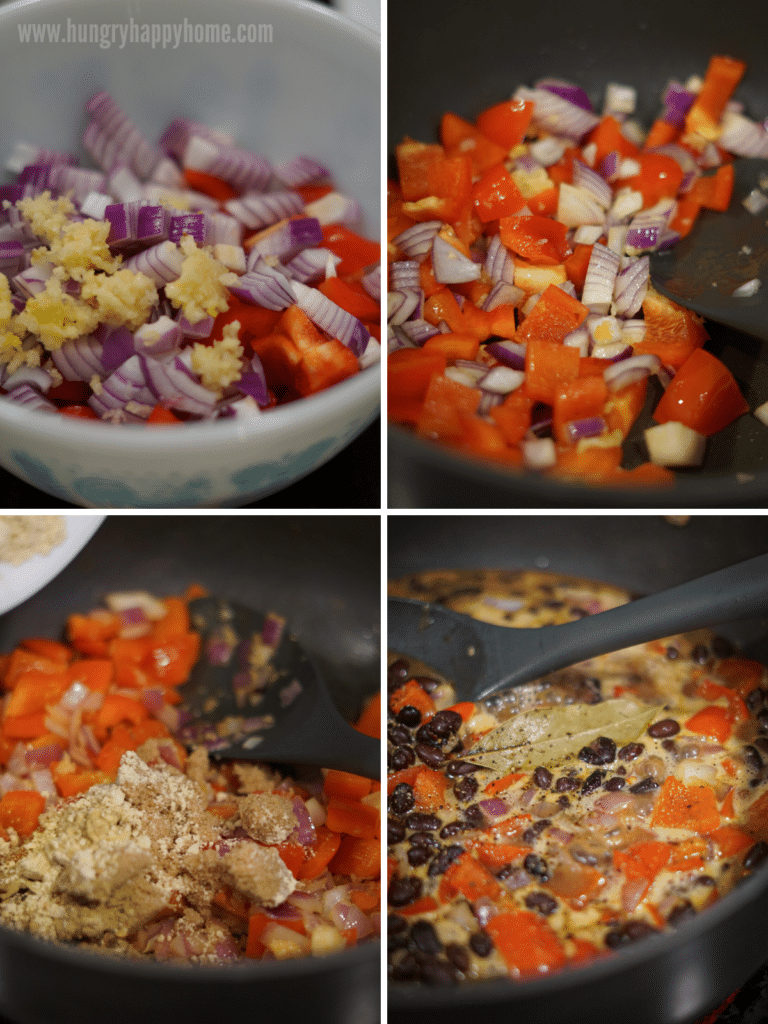 Process photo collage showing the steps of chopping the vegetables, cooking them with the black beans.
