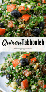 pinterest graphic with text of quinoa tabbouleh