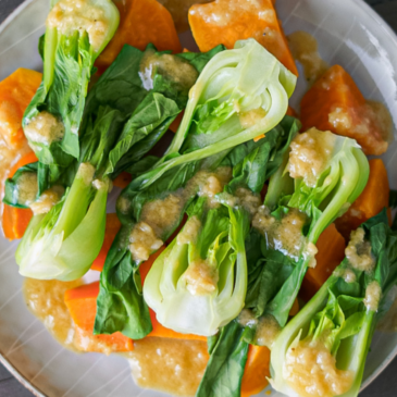 Sweet Potato and Baby Bok Choy with Ginger Miso Dressing
