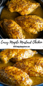 Image collage for of Curry maple mustard chicken in a cast iron pan for Pinterest.