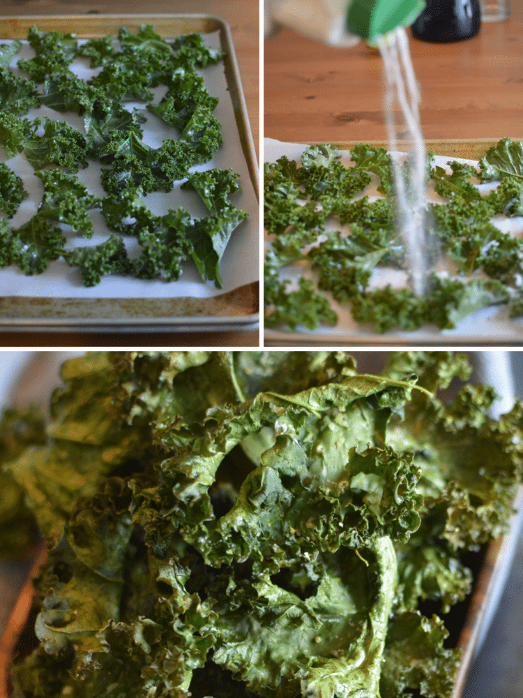 Process photo collage of the making of Ranch Kale Chips.