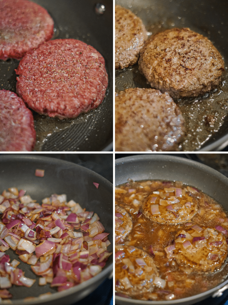 Step by step process photo collage of making Salisbury Steak.