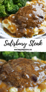 Pinterest graphic collage showing Salisbury steak on mashed potatoes and covered in gravy