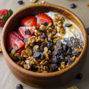 wooden bowl with Greek yogurt topped with sliced strawberries, granola, walnuts, chocolate chips and chia seeds drizzled with honey.