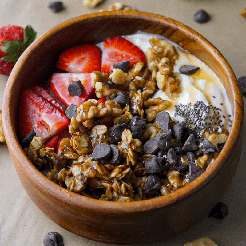 wooden bowl with Greek yogurt topped with sliced strawberries, granola, walnuts, chocolate chips and chia seeds drizzled with honey.