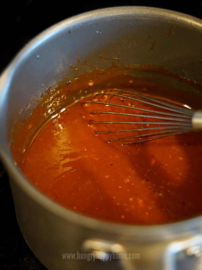 Process photos of all of the ingredients, being stirred, in a pan on the stove.