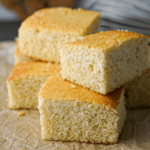 Square slices of cornbread stacked on parchment paper.