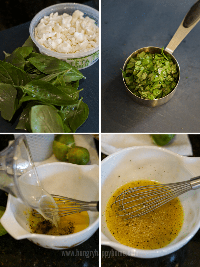 Process photos showing the steps to make Watermelon Basil Salad with Feta.