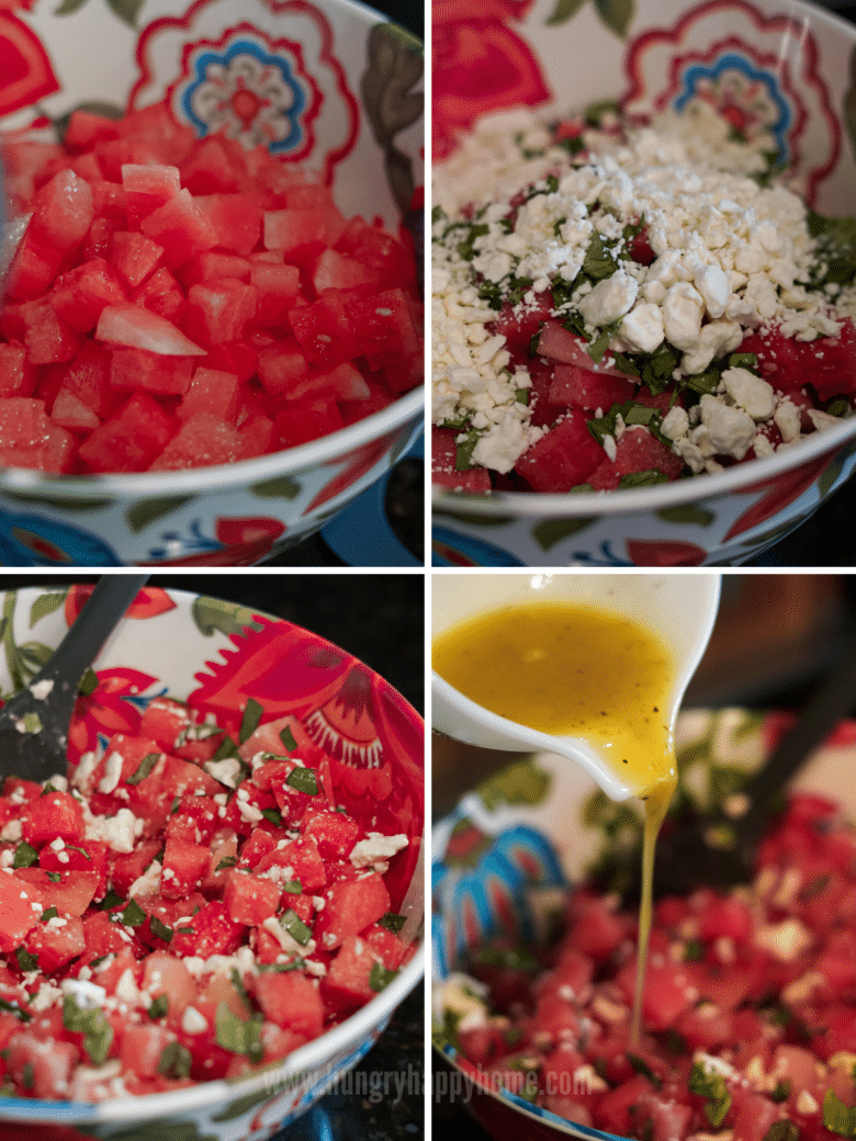 Process photos showing how to make Watermelon Basil Salad with Feta.