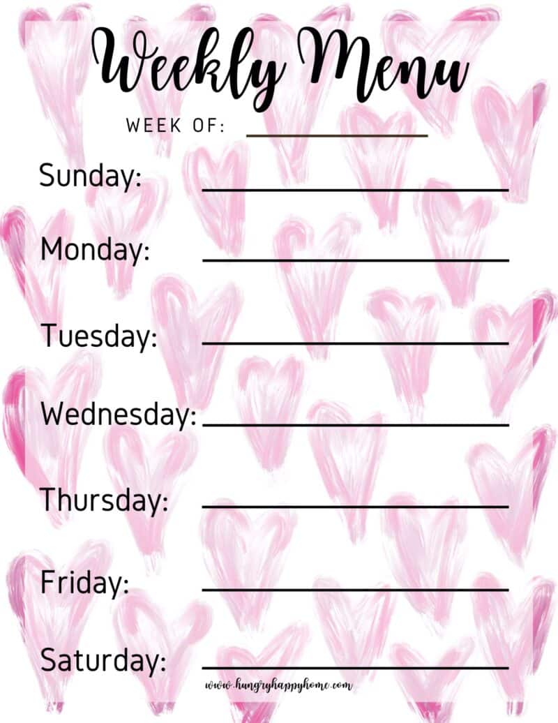 Free Valentine's Day Weekly Menu Planning Printable. Pink hearts and days of the week.