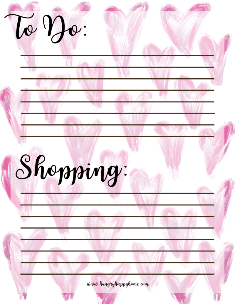 Free Valentine's Day Weekly Menu Planning Printable. Pink hearts, blank shopping list, and blank to do list.