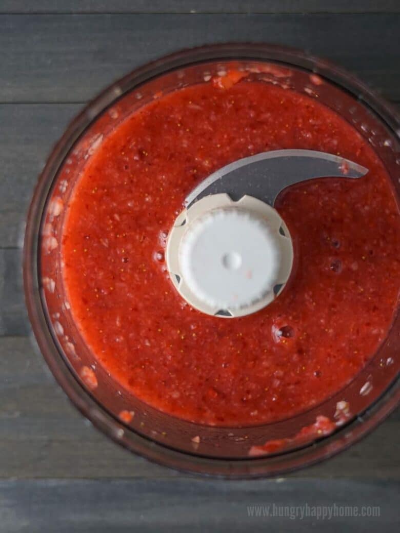 Strawberry puree in a food processor.
